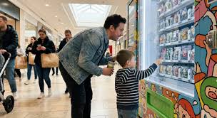 People using a vending machine in a shopping area